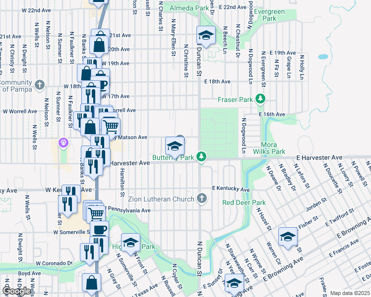 map of restaurants, bars, coffee shops, grocery stores, and more near 111 East Harvester Avenue in Pampa