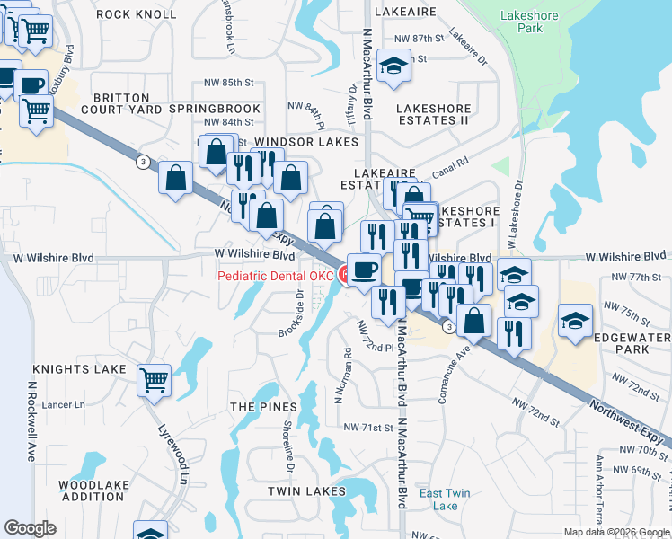 map of restaurants, bars, coffee shops, grocery stores, and more near 6010 Northwest Expressway in Warr Acres