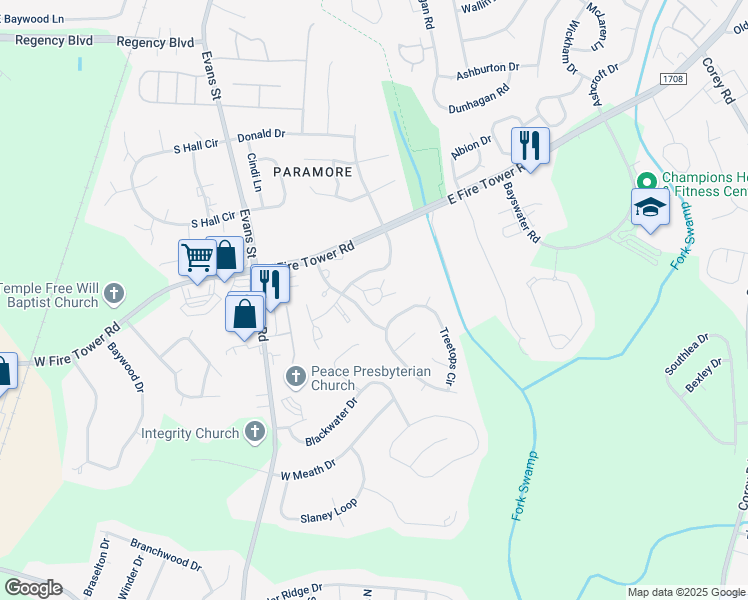 map of restaurants, bars, coffee shops, grocery stores, and more near 205 Gates Drive in Winterville