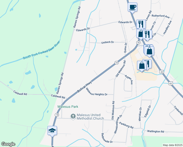 map of restaurants, bars, coffee shops, grocery stores, and more near 283 Bolivar Highway in Jackson