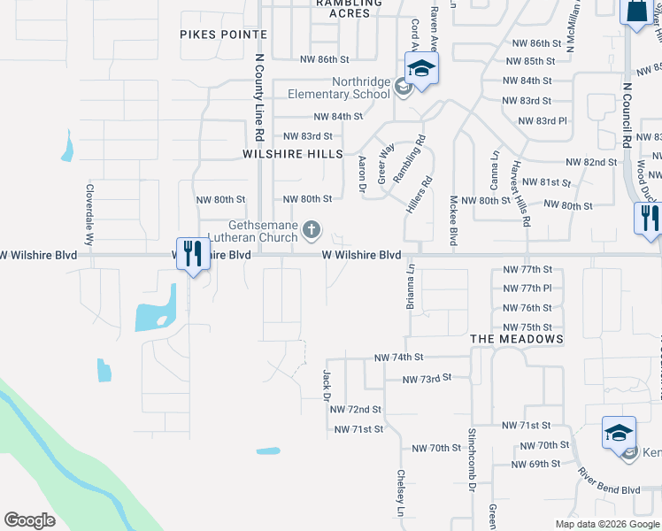 map of restaurants, bars, coffee shops, grocery stores, and more near 7708 Geneva Rea Lane in Yukon