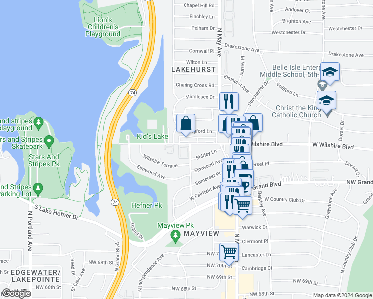 map of restaurants, bars, coffee shops, grocery stores, and more near 7819 Old Hickory Lane in Oklahoma City