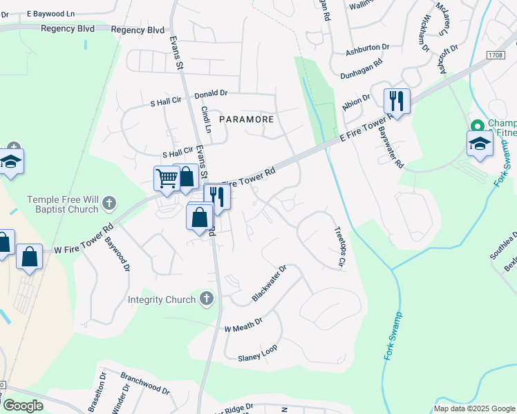 map of restaurants, bars, coffee shops, grocery stores, and more near 1516 Birch Place in Winterville