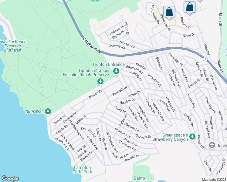 map of restaurants, bars, coffee shops, grocery stores, and more near Kenneth Drive in Cambria