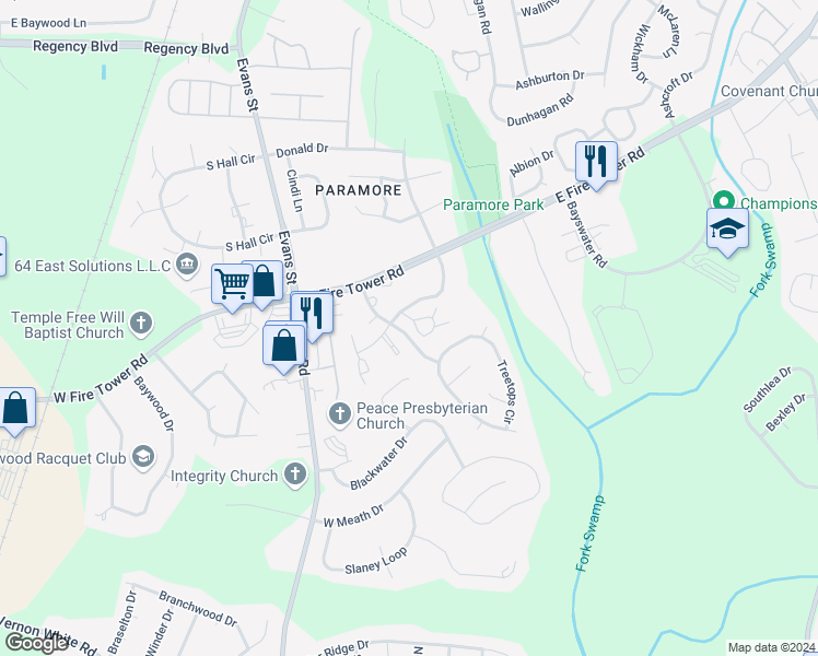 map of restaurants, bars, coffee shops, grocery stores, and more near 108 Gates Drive in Winterville