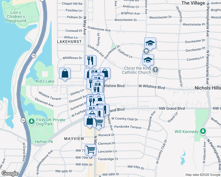 map of restaurants, bars, coffee shops, grocery stores, and more near 2729 West Wilshire Boulevard in Oklahoma City