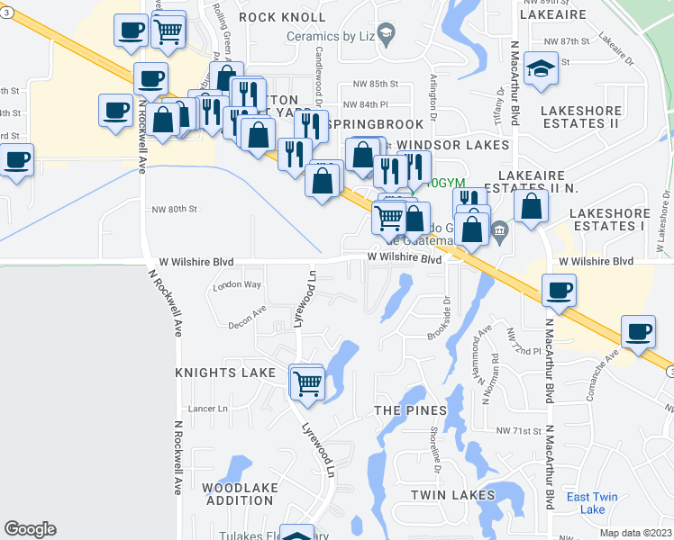 map of restaurants, bars, coffee shops, grocery stores, and more near 6540 West Wilshire Boulevard in Oklahoma City