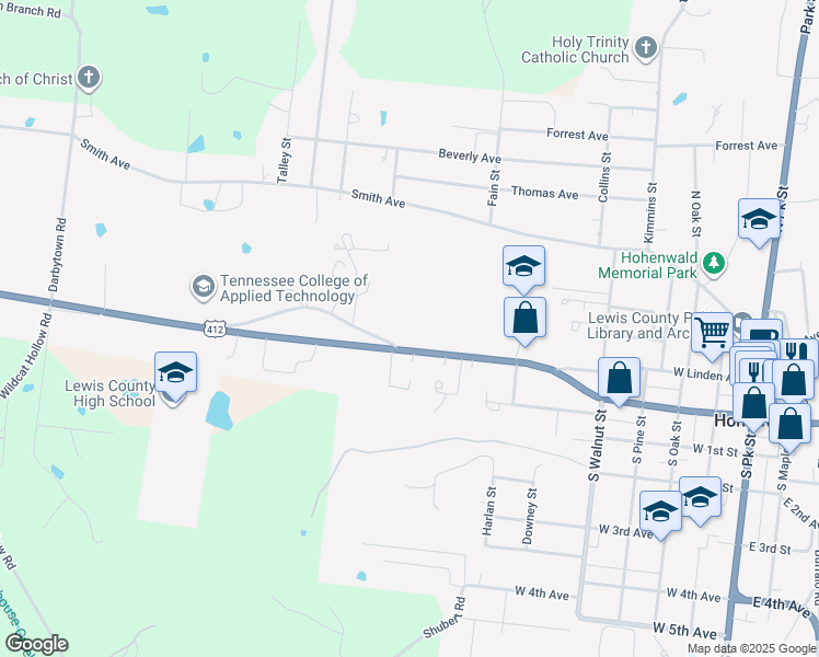 map of restaurants, bars, coffee shops, grocery stores, and more near 679 West Main Street in Hohenwald