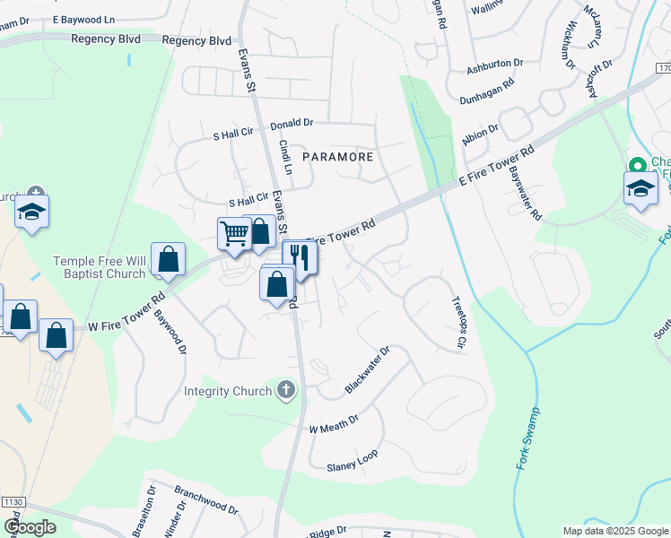 map of restaurants, bars, coffee shops, grocery stores, and more near 812 Hidden Branches Close in Winterville