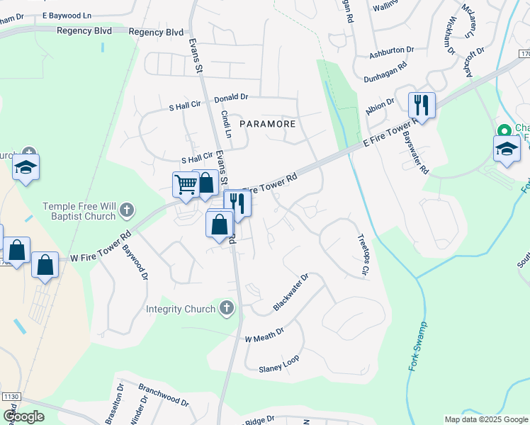 map of restaurants, bars, coffee shops, grocery stores, and more near 812 Hidden Branches Close in Winterville