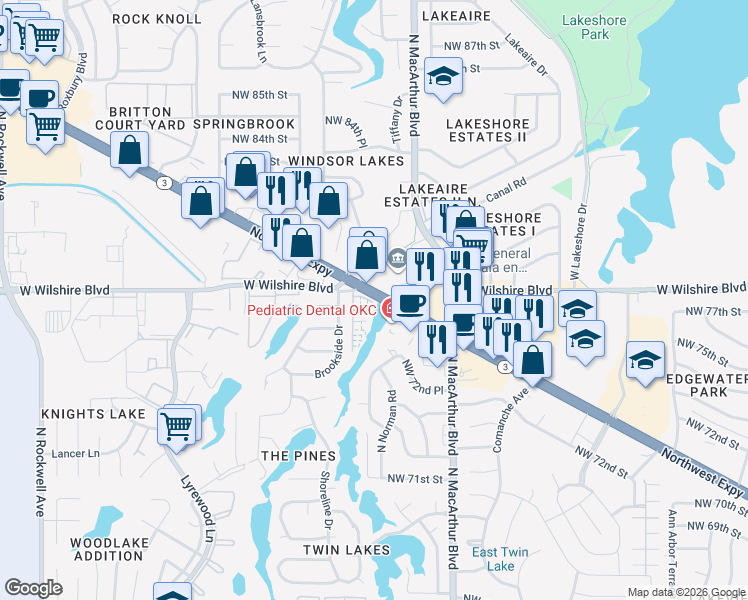 map of restaurants, bars, coffee shops, grocery stores, and more near 5939 Northwest Expressway in Oklahoma City