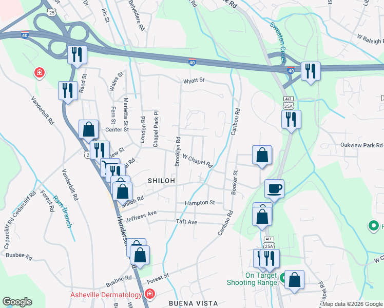 map of restaurants, bars, coffee shops, grocery stores, and more near 10 Brad Street in Asheville