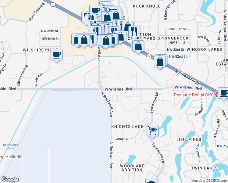 map of restaurants, bars, coffee shops, grocery stores, and more near 6901-7075 Northwest 78th Street in Oklahoma City