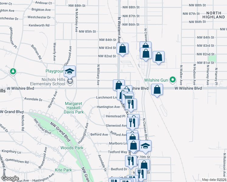 map of restaurants, bars, coffee shops, grocery stores, and more near 1101 West Wilshire Boulevard in Oklahoma City