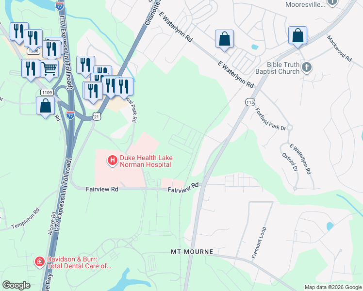 map of restaurants, bars, coffee shops, grocery stores, and more near 153 Crossrail Road in Mooresville