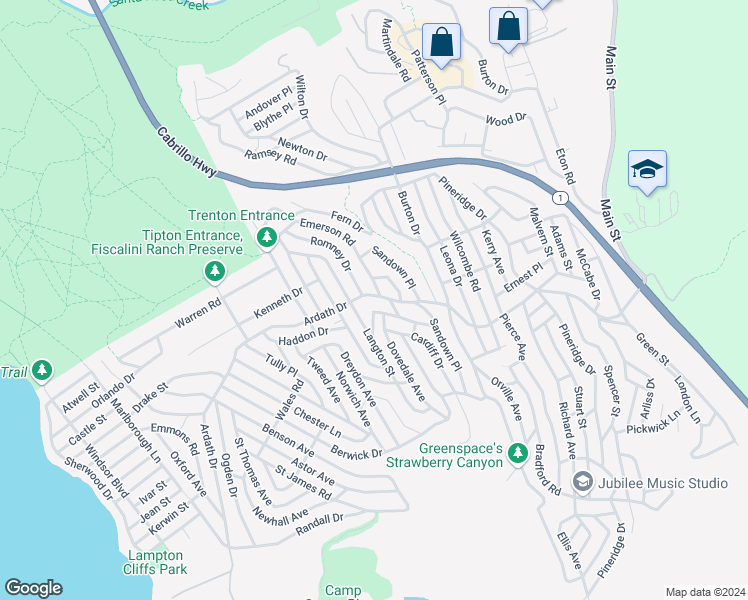 map of restaurants, bars, coffee shops, grocery stores, and more near Ardath Drive in Cambria