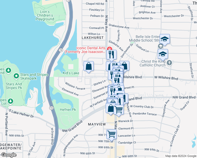 map of restaurants, bars, coffee shops, grocery stores, and more near 2920 West Wilshire Boulevard in Oklahoma City