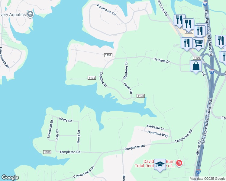 map of restaurants, bars, coffee shops, grocery stores, and more near 354 Catalina Drive in Mooresville