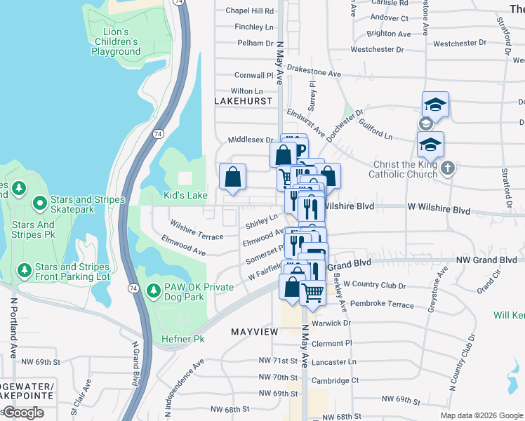 map of restaurants, bars, coffee shops, grocery stores, and more near 2916 West Wilshire Boulevard in Oklahoma City
