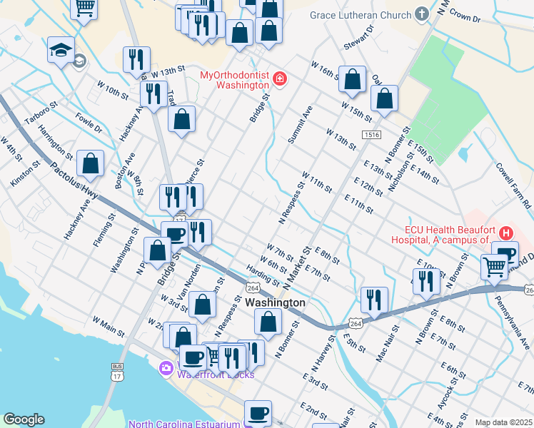 map of restaurants, bars, coffee shops, grocery stores, and more near 100-298 Mayo Drive in Washington