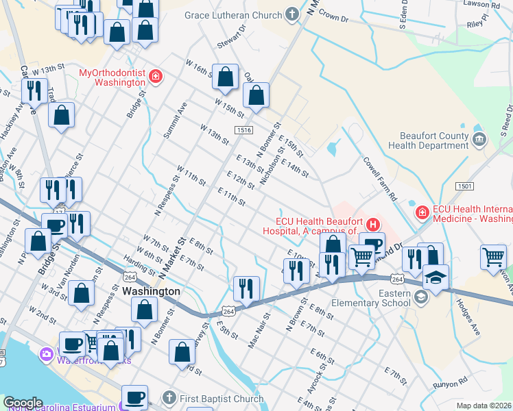 map of restaurants, bars, coffee shops, grocery stores, and more near 207 East 12th Street in Washington