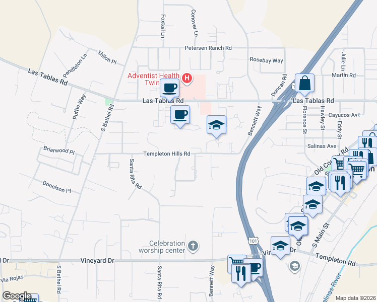 map of restaurants, bars, coffee shops, grocery stores, and more near 1145 Megan Court in Templeton