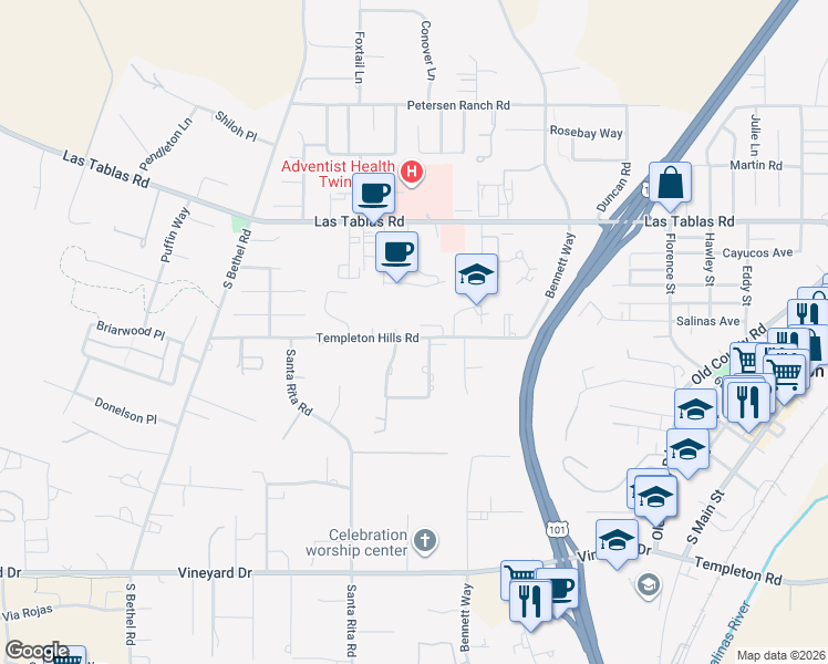 map of restaurants, bars, coffee shops, grocery stores, and more near 1145 Megan Court in Templeton