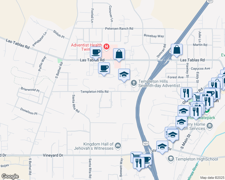map of restaurants, bars, coffee shops, grocery stores, and more near 1095 Megan Court in Templeton