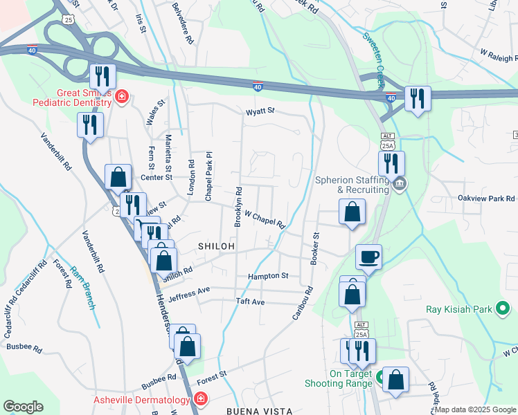 map of restaurants, bars, coffee shops, grocery stores, and more near 5 Brad Street in Asheville