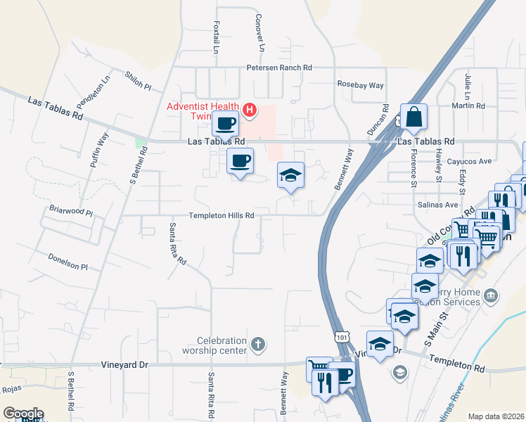 map of restaurants, bars, coffee shops, grocery stores, and more near 1095 Megan Court in Templeton