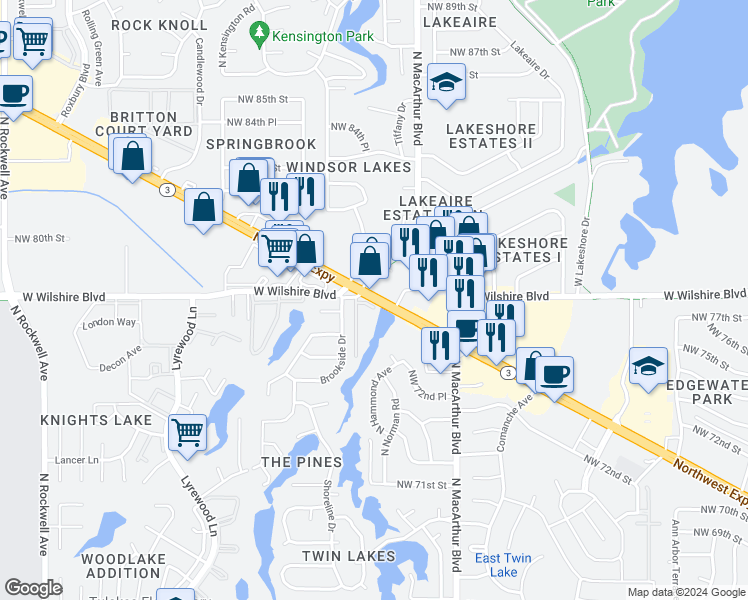map of restaurants, bars, coffee shops, grocery stores, and more near 6000 Northwest Expressway in Warr Acres