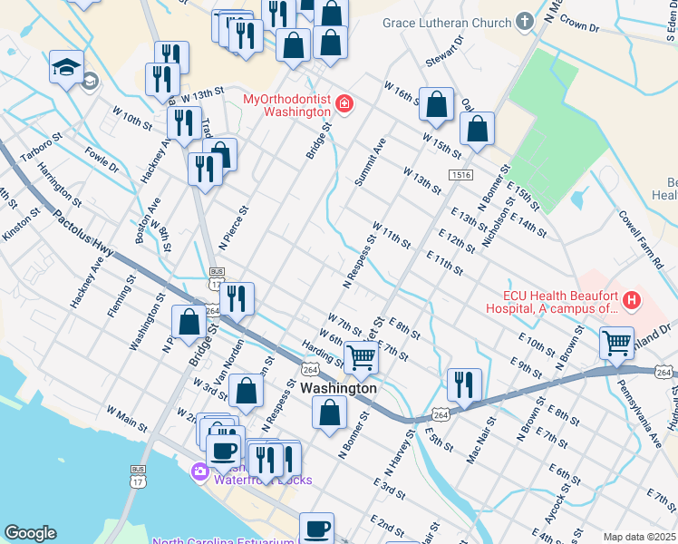map of restaurants, bars, coffee shops, grocery stores, and more near 100 Mayo Drive in Washington