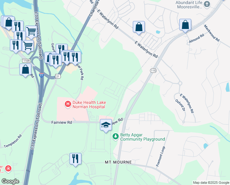 map of restaurants, bars, coffee shops, grocery stores, and more near 137 Crossrail Road in Mooresville