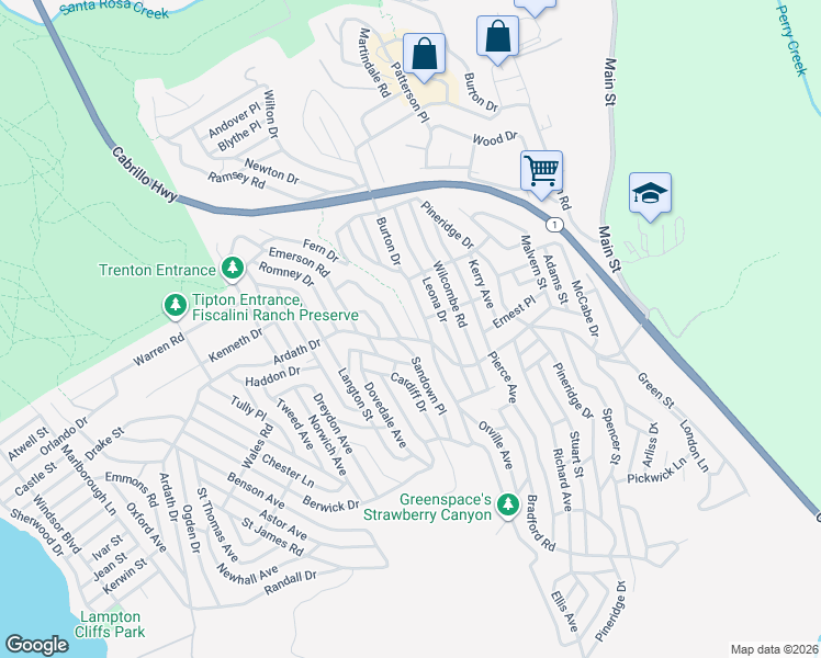 map of restaurants, bars, coffee shops, grocery stores, and more near 2499 Camborne Place in Cambria