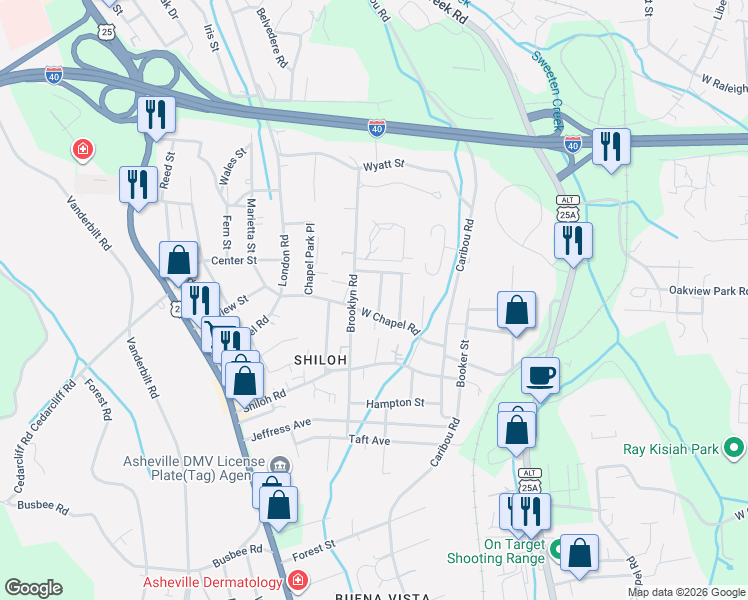 map of restaurants, bars, coffee shops, grocery stores, and more near 10 Brad Street in Asheville