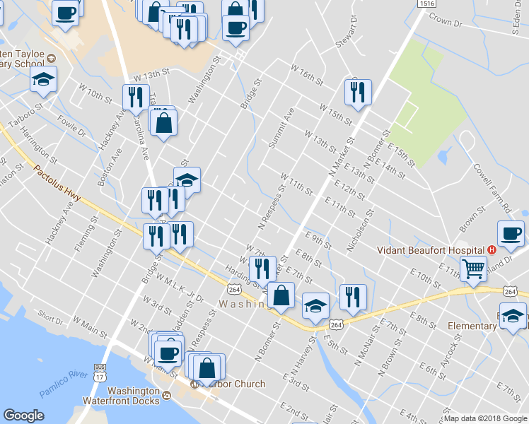 map of restaurants, bars, coffee shops, grocery stores, and more near 904 North Respess Street in Washington