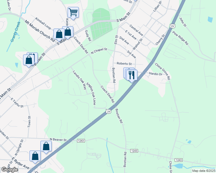 map of restaurants, bars, coffee shops, grocery stores, and more near 755 Bostian Road in China Grove