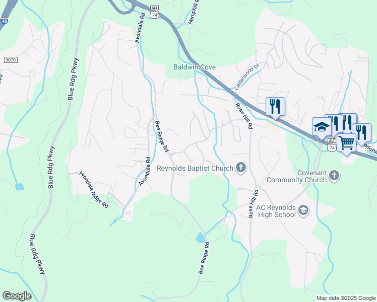 map of restaurants, bars, coffee shops, grocery stores, and more near 85 Laurel Creek Drive in Asheville