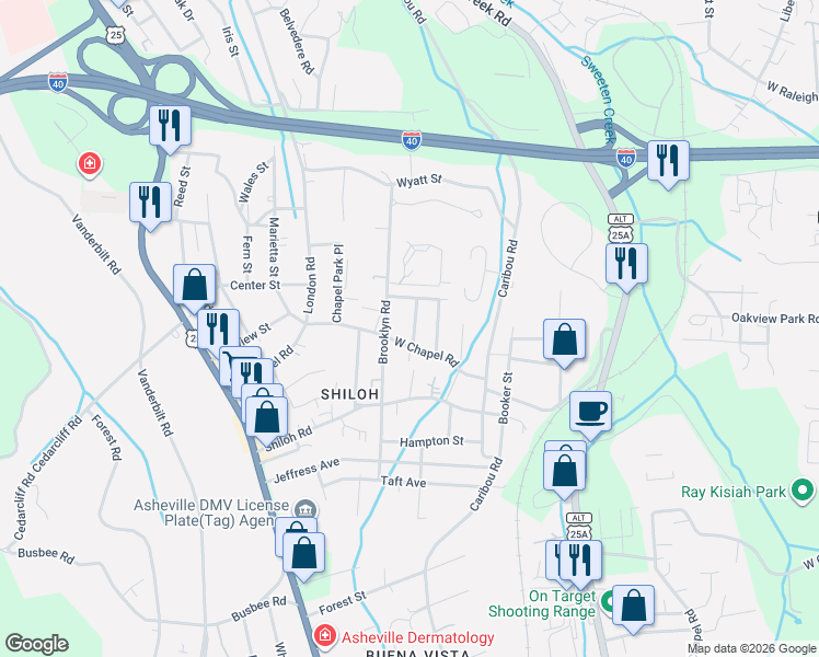 map of restaurants, bars, coffee shops, grocery stores, and more near 10 Brad Street in Asheville