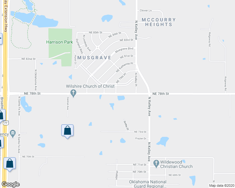 map of restaurants, bars, coffee shops, grocery stores, and more near 729 East Wilshire Boulevard in Oklahoma City
