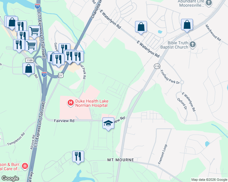 map of restaurants, bars, coffee shops, grocery stores, and more near 153 Crossrail Road in Mooresville