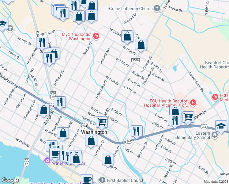map of restaurants, bars, coffee shops, grocery stores, and more near 924 North Market Street in Washington