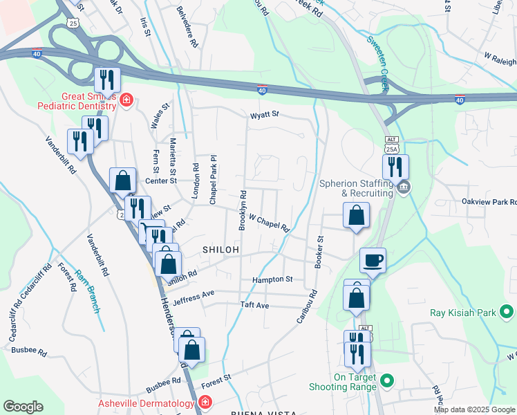 map of restaurants, bars, coffee shops, grocery stores, and more near 4 Brad Street in Asheville