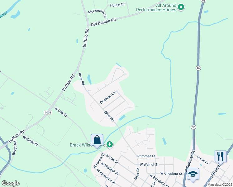 map of restaurants, bars, coffee shops, grocery stores, and more near 122 Deebeau Lane in Selma