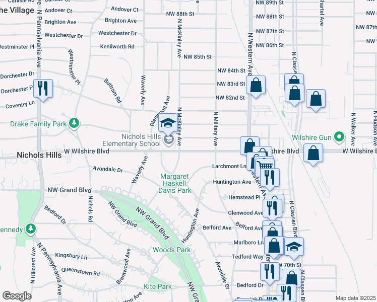 map of restaurants, bars, coffee shops, grocery stores, and more near 1301 West Wilshire Boulevard in Oklahoma City