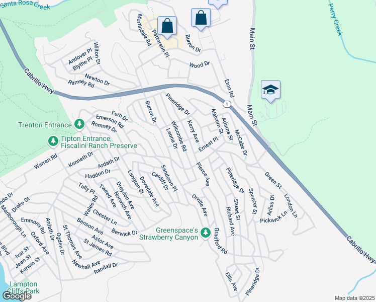 map of restaurants, bars, coffee shops, grocery stores, and more near 2320 Wilcombe Road in Cambria