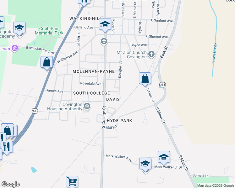 map of restaurants, bars, coffee shops, grocery stores, and more near 212 Boals Avenue in Covington