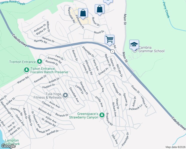 map of restaurants, bars, coffee shops, grocery stores, and more near 2320 Wilcombe Road in Cambria