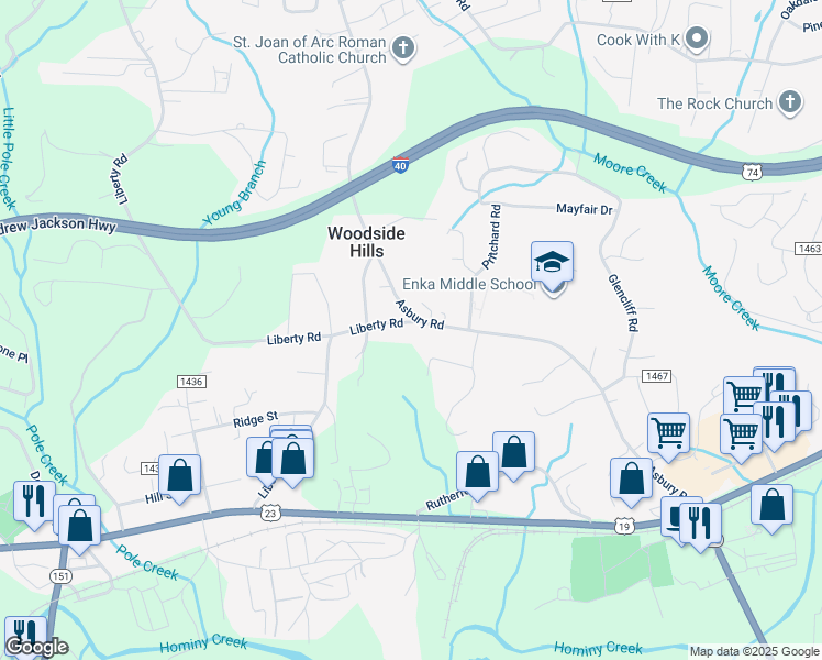 map of restaurants, bars, coffee shops, grocery stores, and more near 449 Asbury Road in Candler