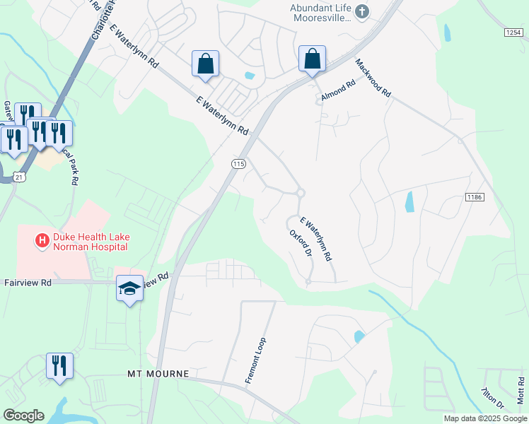 map of restaurants, bars, coffee shops, grocery stores, and more near 124 Alexandria Drive in Mooresville